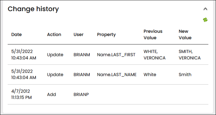 Example change history log
